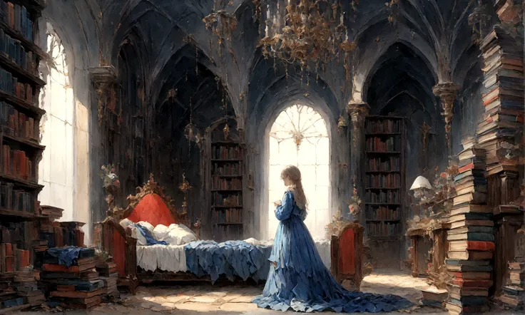 a sad female wearing a blue dress, silently crying on her bed though accepting it, in front of a moonlit window surrounded by books