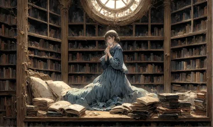 a sad female wearing a blue dress, silently crying on her bed though accepting it, in front of a moonlit window surrounded by books