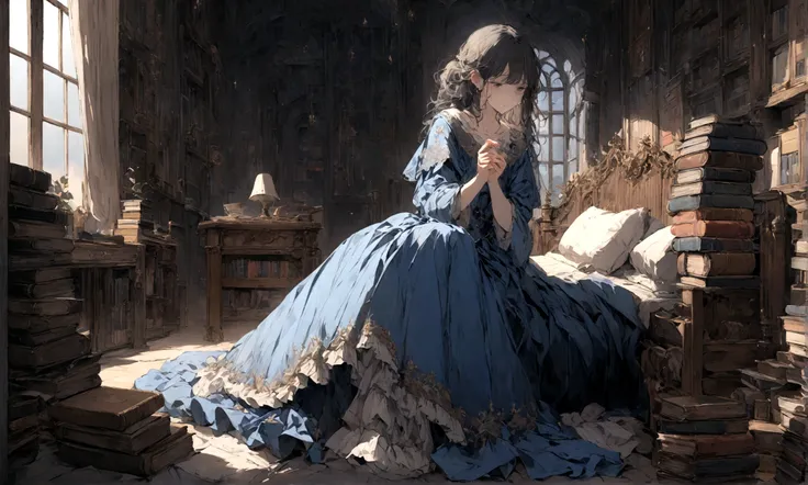 a sad female wearing a blue dress, silently crying on her bed though accepting it, in front of a moonlit window surrounded by books