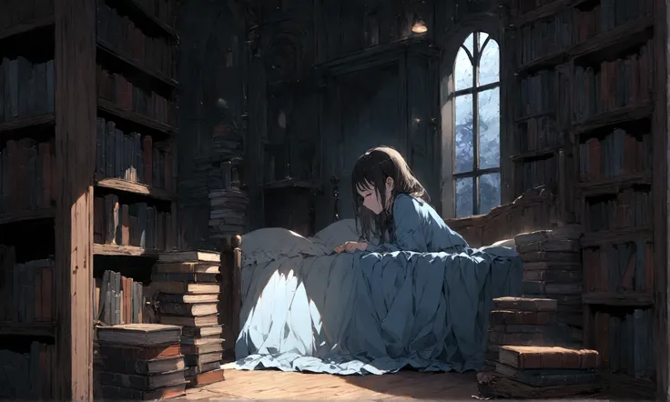 a sad female wearing a blue dress, silently crying on her bed though accepting it, in front of a moonlit window surrounded by books