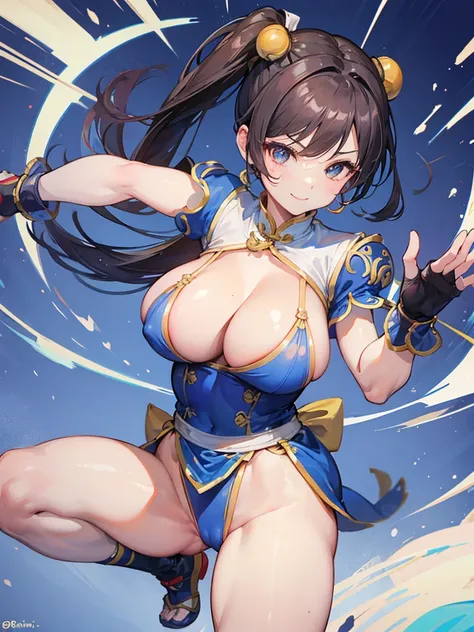 Chun Li, huge tits, erect nipples, smile, fighting pose, raised leg, Chinese streets, bicycles