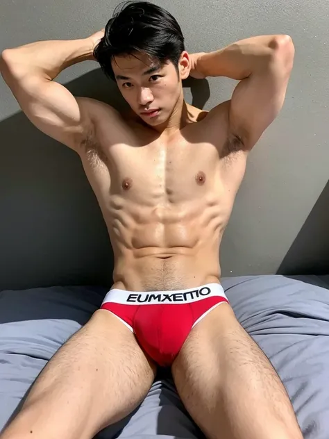 ((best quality)), (detailed), perfect face, HOMEM COREANO, SEM CAMISA, rosto bonito, PEITO MUSCULAR, volume na cueca, protuberance, grande, futurista, Corpo magro, rouco, magro, big nice protuberance, lindo ator coreano, poses sensuais, sensual, whole body...