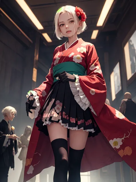 (masterpiece, highest quality, Intricate details, Ultra-detailed, Very detailed), SF, future, cyber punk, One girl, alone, Cowboy Shot, Two-tone hair, Gloves,  short hair, Frills, kimono, Hair Flowers, Wide sleeves, kimono, White knee socks, zettai ryouiki...