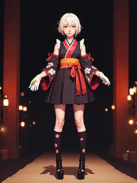 Standing in front of the viewer、vtuber-fullbody、(masterpiece, highest quality, Intricate details, Ultra-detailed, Very detailed), SF, future, cyber punk, One girl, alone, Cowboy Shot, Two-tone hair, Gloves,  short hair, Frills, kimono, Hair Flowers, Wide s...