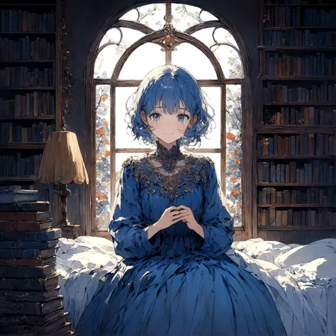 a sad female wearing a blue dress, silently crying on her bed though accepting it, in front of a moonlit window surrounded by books, has a smile on her face