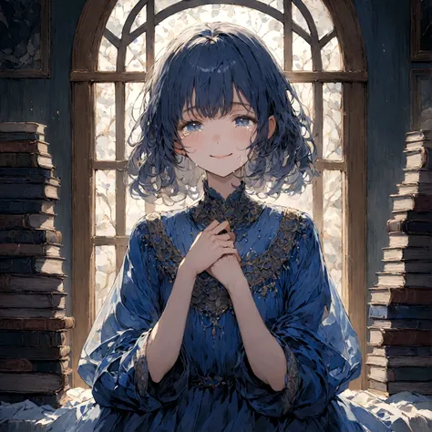 a sad female wearing a blue dress, silently crying on her bed though accepting it, in front of a moonlit window surrounded by books, has a smile on her face