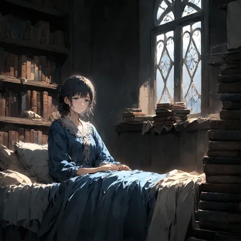 a sad female wearing a blue dress, silently crying on her bed though accepting it, in front of a moonlit window surrounded by books, has a smile on her face