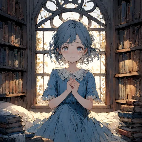 a sad female wearing a blue dress, silently crying on her bed though accepting it, in front of a moonlit window surrounded by books, has a smile on her face