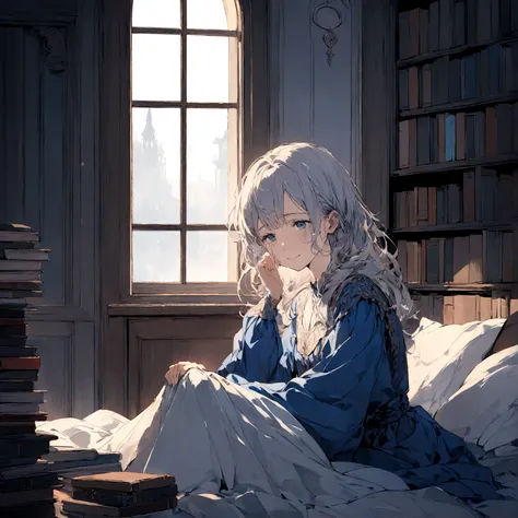 a sad female wearing a blue dress, silently crying on her bed though accepting it, in front of a moonlit window surrounded by books, has a smile on her face