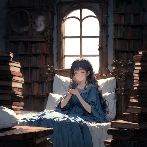 a sad female wearing a blue dress, silently crying on her bed though accepting it, in front of a moonlit window surrounded by books, has a smile on her face