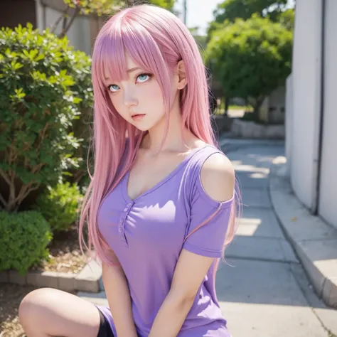 Anime girl with pink hair and blue eyes in purple shirt, oppai, a hyperrealistic , a hyperrealistic , Ecchi, Seductive Anime Girl, small curvy , Ecchi anime style, Ecchi style, Realistic , Anime Girl, fluffy chest, nffsw, Gapmoe Yandere, anime moe art styl...