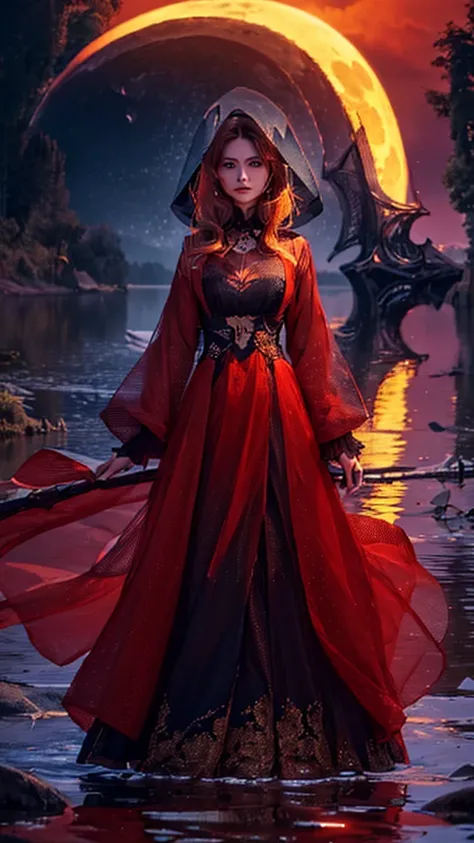 a woman standing by a lake, full moon in the night sky, hyperrealistic, vibrant red sky, dramatic lighting, detailed facial features, high quality, 8k, photorealistic, detailed skin texture, long flowing hair, elegant dress, serene expression, reflection i...