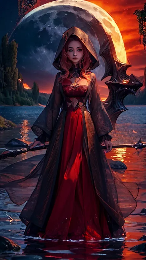 a woman standing by a lake, full moon in the night sky, hyperrealistic, vibrant red sky, dramatic lighting, detailed facial features, high quality, 8k, photorealistic, detailed skin texture, long flowing hair, elegant dress, serene expression, reflection i...