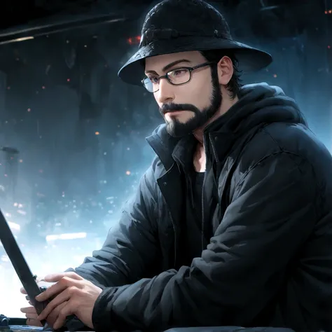 male python developer, short beard, all black clothing, developer, nerdy, short hair, flatbill hat