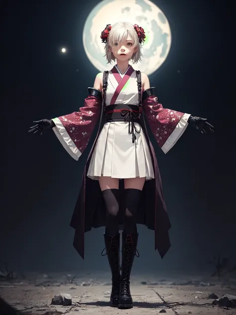 1girl、Standing in front of the viewer、vtuber-fullbody、(masterpiece, highest quality, Intricate details, Ultra-detailed, Very detailed), SF, future, cyber punk, One girl, alone, Cowboy Shot, Milky hair color, Gloves, short hair, Frills, kimono, Hair Flowers...