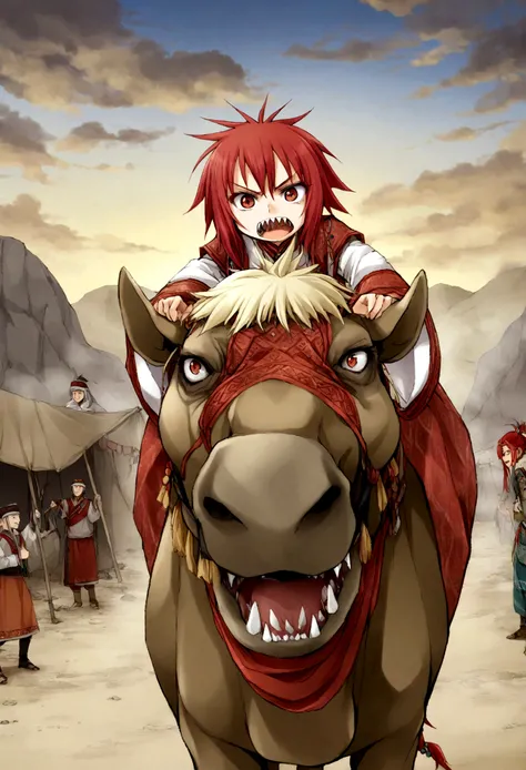 Ethnic dress of Xinjiang, nomad, holding camel，camp 2.0, Kirishima Eijiro, 1 boy, ((sharp teeth)), red hair, red eyes
