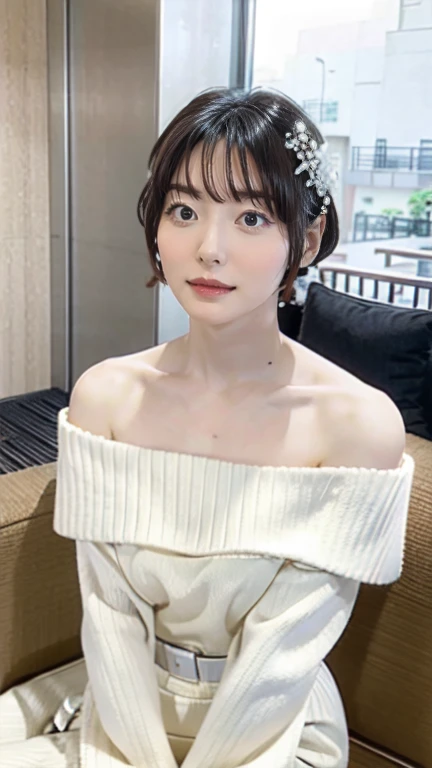 kana hanazawa,
One Woman,
Small flower petal hair ornament,
Natural skin texture,
White((Off-the-shoulder sweater)),
Upright posture,Sit on a bench,
((midnight)),Hotel,indoor,Sit on the bed,
Big Breasts,valley,expression(Straight face),Muscular shoulders,f...