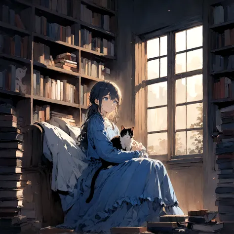 a sad female wearing a blue dress, silently crying on her bed though accepting it, in front of a moonlit window surrounded by books, has a smile on her face, modern setting, has cat on her lap, tears in her eyes