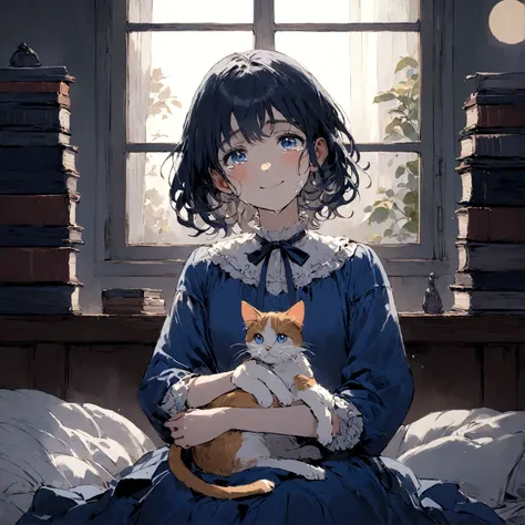 a sad female wearing a blue dress, silently crying on her bed though accepting it, in front of a moonlit window surrounded by books, has a smile on her face, modern setting, has cat on her lap, tears in her eyes