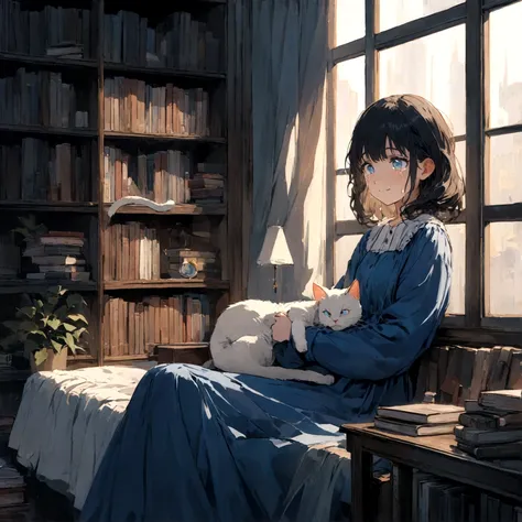 a sad female wearing a blue dress, silently crying on her bed though accepting it, in front of a moonlit window surrounded by books, has a smile on her face, modern setting, has cat on her lap, tears in her eyes