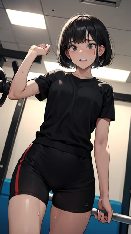 Bobcut、Black-haired 、Sweating at the gym、Composition from below、Desperate form、Sweaty、indoor、Many other guests、Wearing a jersey、No exposure、in motion、Grit your teeth、Barbell raising