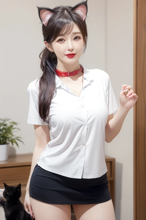 55 year old mature Japanese woman, beautiful, Sensual, Long eyelashes, Small breasts, Chubby body type, Open chest shirt, mini skirt, whole body, ((Cat ear)), Low Ponytail, Duck Mouth, collar, Red lipstick, Charismatic, Elegance, Orgasmic, Sexy posture, 