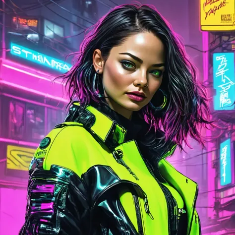 pose divertida, hiper nitido, hiper detallado, a closeup of kristin kreuk in a neon suit, ambiente ciberpunk, cyberpunk with neo...