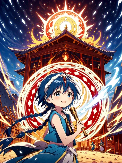 1boy，magi_aladdin，standing alone in a desert town, he has short blue hair，with a braid，wear a headscarf，smiling，a flute pendant ...