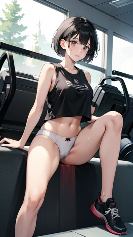 Bobcut、Black-haired 、Sweating at the gym、Desperate form、Sweaty、indoor、Many other guests、Disheveled clothing、Plain white panties、in motion、Grit your teeth、M-shaped legs