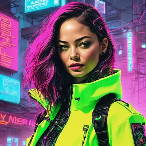 cuerpo entero, pose divertida, hiper nitido, hiper detallado, a closeup of kristin kreuk in a neon suit, ambiente ciberpunk, cyb...