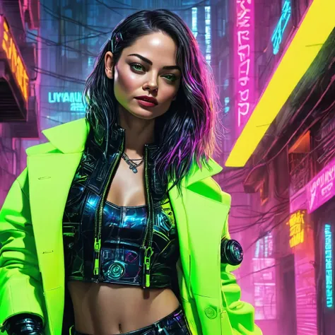 cuerpo entero, pose divertida, hiper nitido, hiper detallado, a closeup of kristin kreuk in a neon suit, ambiente ciberpunk, cyb...