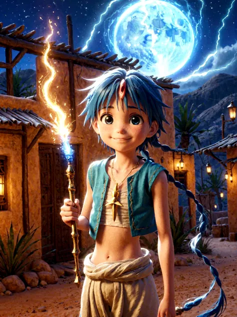 1boy，magi_aladdin，standing alone in a desert town, he has short blue hair，with a braid，wear a headscarf，smiling，a flute pendant ...