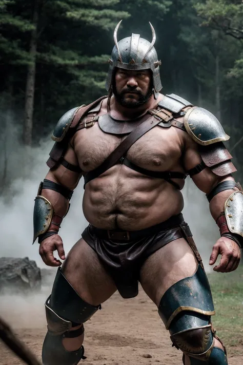 looking at me, face, a fat gentle barbarian, He is a Japanese, mid combat, leather armor, legs exposed from thighs to feet, fierce, battleground background, masterpiece, volumetric lighting, Dramatic, 