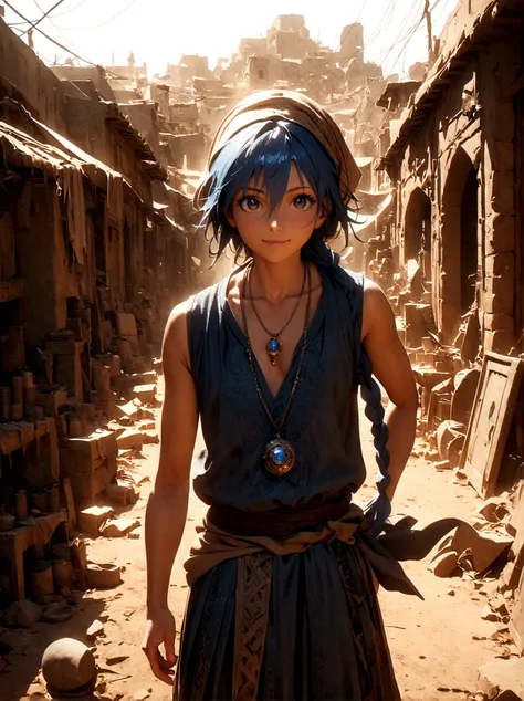 1boy，magi_aladdin，standing alone in a desert town, he has short blue hair，with a braid，wear a headscarf，smiling，a flute pendant ...