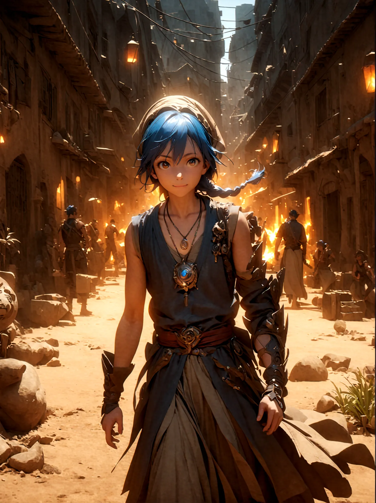 1boy，magi_aladdin，standing alone in a desert town, he has short blue hair，with a braid，wear a headscarf，smiling，a flute pendant ...