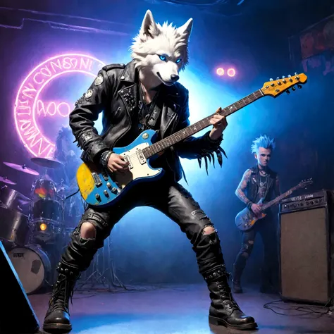 a white wolf with blue eyes wearing a punk outfit playing the lead guitar in a band, has blue mowhawk, has leather patched jacket, wearing torn boots, shredding on guitar, many multi colored neon lights