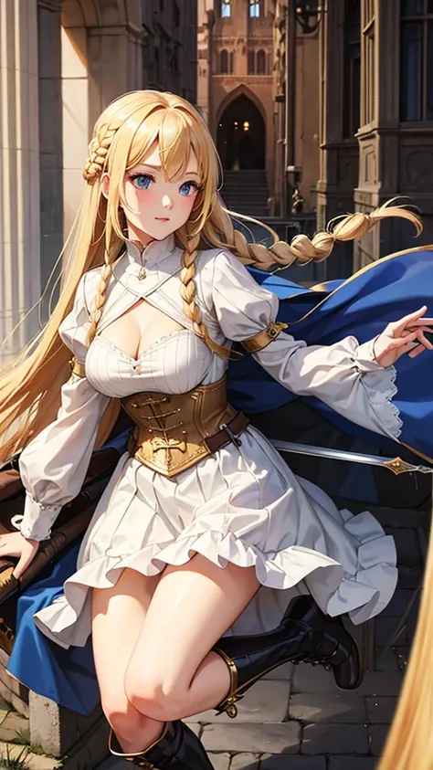 Long blond hair, Double braid, Miss，dress, long skirt, cleavage，Hand guard，Bare Legs，boots，Great Sword，Medieval European castles