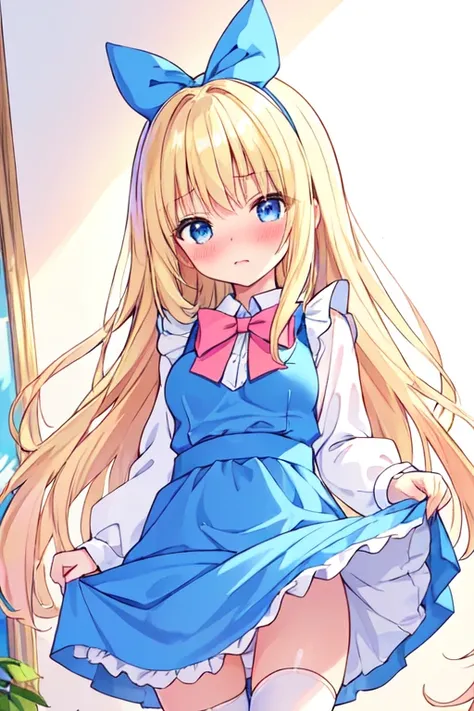 (best quality, masterpiece:1.2), illustrations, a cute girl, cute face, kawaii, very lovingly face, early teens,
 10-year-old, 、
 blonde hair, long hair, straight hair, shiny hair,
 blue eyes,
 medium breasts,
 BREAK (Alices Adventures in Wonderland, Alice...