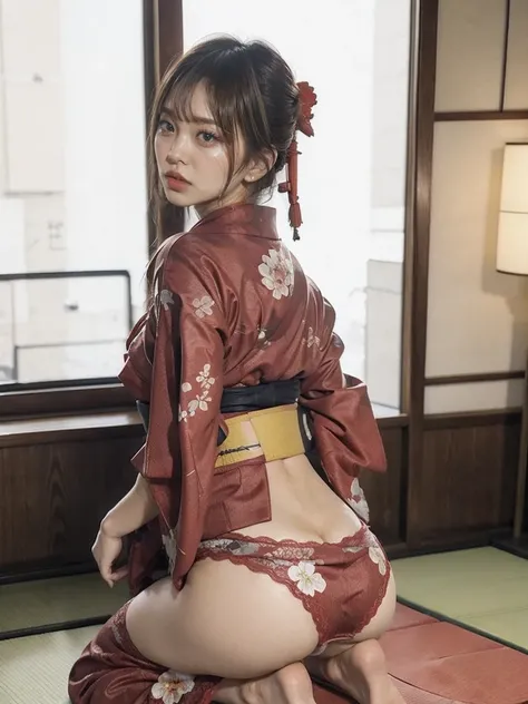 (((Wear a bright red Japanese kimono:1.8)), ((Head to Knee:1.5)),Big and beautiful buttocks, from the back, ((Red underwear with detailed lace:1.5)), ((Turning her butt to the camera:1.8)), ((Her kimono flips up, revealing her panties:1.5)),Waistline, ((Kn...