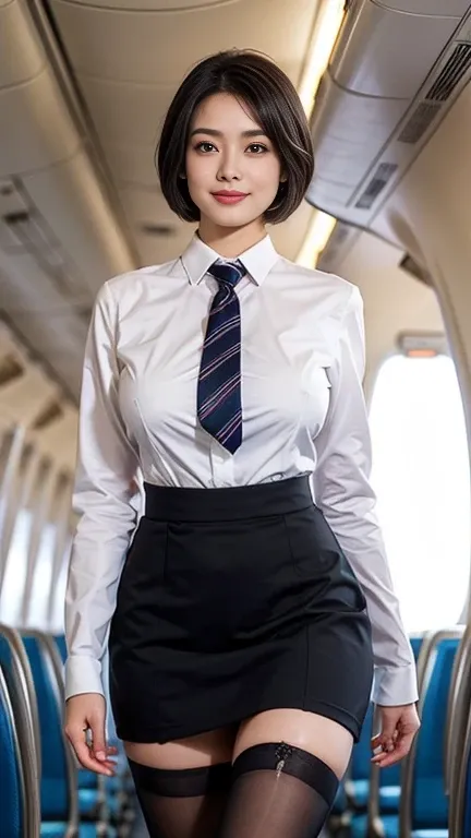 1beautiful womanl, 28years、hyperdetailed face、Detailed lips、A detailed eye、double eyelid、(Black bob hair、Smiling while walking gracefully down the aisle)、(Stewardess uniform:1.2)、((Stewardess suits)) ((Skirts)) ((beautiful tie)) ((blaclk tights stockings))...