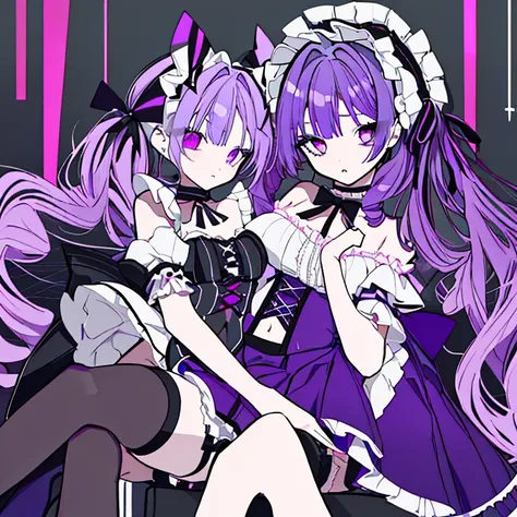 1 girl、Ample breasts、Purple Hair、Long Hair、Drill curl long hair、Sharp Eyes、Lolita Costume、Shoulder Bare、Belly button、With ruffles、Idol-like costume、Choker on ribbon、Thighiniskirt、Crossing your legs、sit、High resolution、highest quality