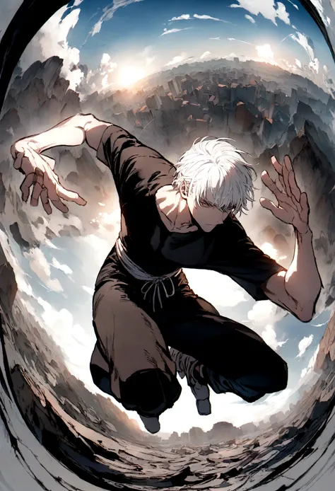 male boy white hair, black t-shirt, kung fu pants, dynamic pose, carrying a rock hanging from his back, panoramic image with fisheye effect,