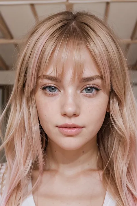 Create the description of a blonde girls face that the whole world would admire. Her almost dark blonde hair cascades down in luxurious waves, highlighted by a playful pink streak in her bangs. Her eyes are mesmerizing, exuding a captivating allure that dr...