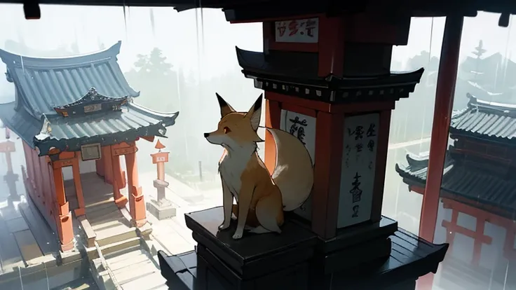 Vision，Backlight，Rainy Day，Ancient Japanese shrines and carvings，Revealing a long-lasting feeling，There is a small-headed fox statue on the roof of the shrine。light，mystery，Fushimi Inari Taisha Wonderland, Colorful, The most detailed