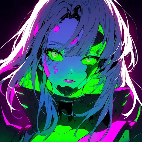 a portrait of a sexy female with cyberpunk features, has spiked multi colored hair, glowing neon lights, wearing glowing cybperunk clothing