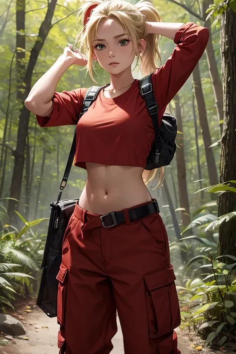 Girl wears a red cropped shirt and shows her midriff and belly button, shot cargo pants, backpack , blonde hair, ponytail hair , in forest 