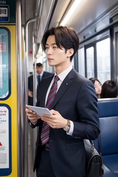 masterpiece, highest quality, Inside the train、congestion、Salaryman、male、anime