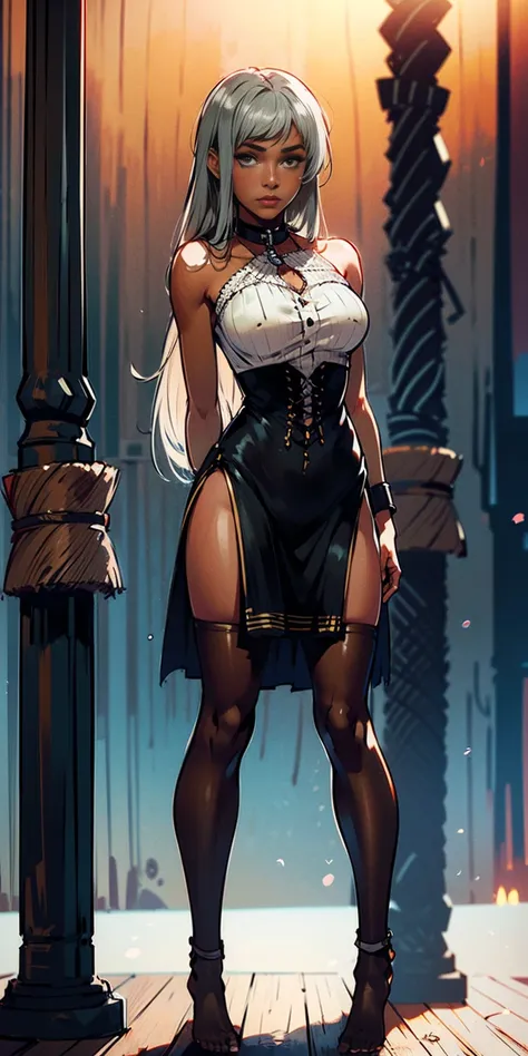 (Masterpiece, best quality, intricate details, 1sologirl) iron collar, arms behind back, iron cuffs, shackles, leather collar choker neck bell, bound ((standing by wooden pole:1.2)) ((female Black Dark skin Gyaru)) show entire body frontal position, feet i...