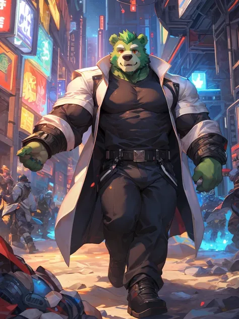 masterpiece, high quality, anime, detailed eyes, male jinpei, anthro, bear, Great physique, strong arms manly, in the Space, Walking in the city, Future city, landscape, Casual suit, (((green bear))), (((green fur))), green hair, beard, white eyebrows, bal...