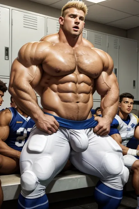 A group of five young college students sit on a bench in a locker room. Blank vapid stares. Open mouth. Drooling. Football uniforms. Realistic. Open mouths. Hypnotized. Brainwashed. Hypnosis. Brainwashing. Big biceps. Big triceps. Big traps. Broad shoulder...